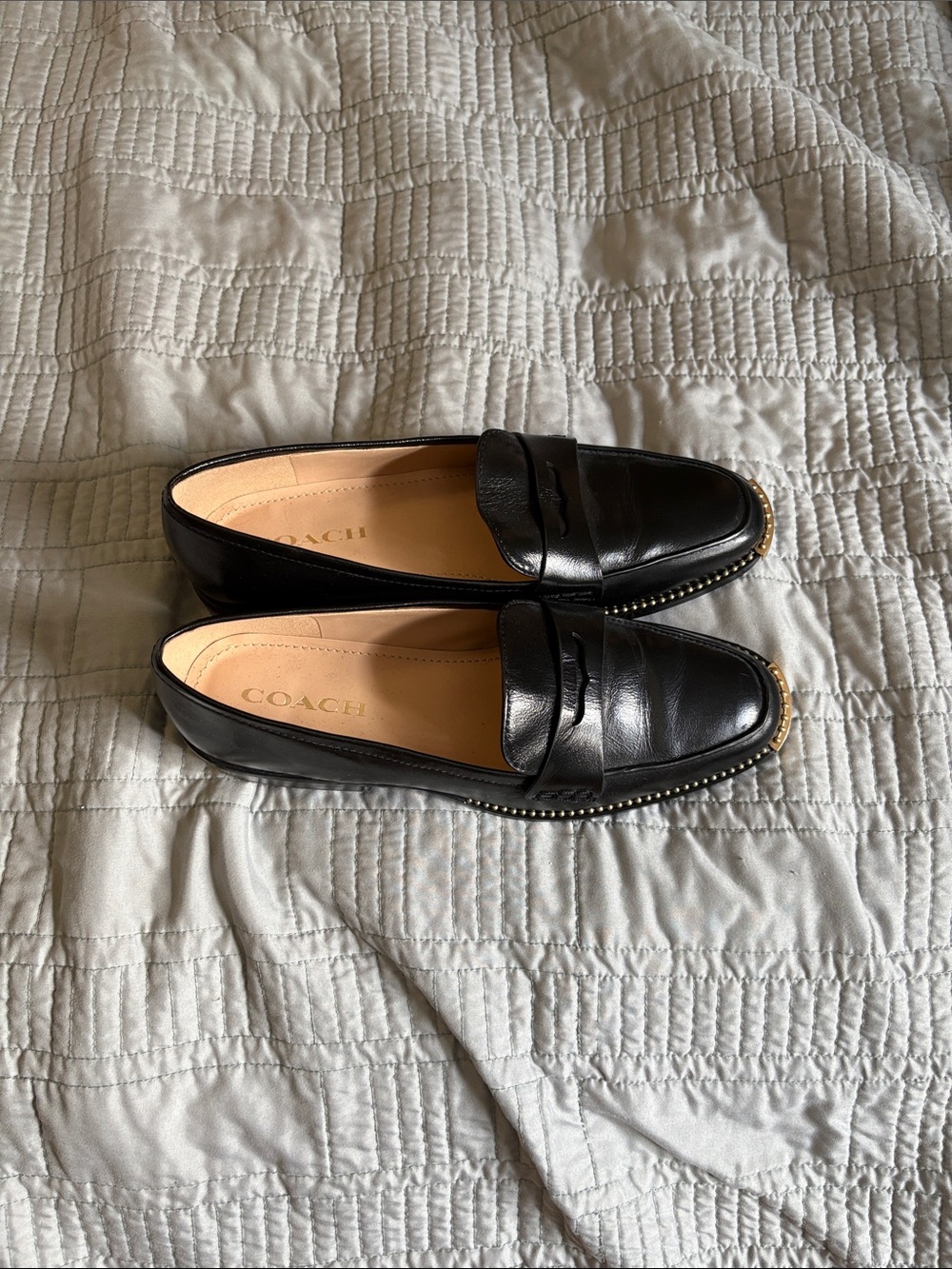 Coach Black Leather Penny Loafers with Gold Stud Trim